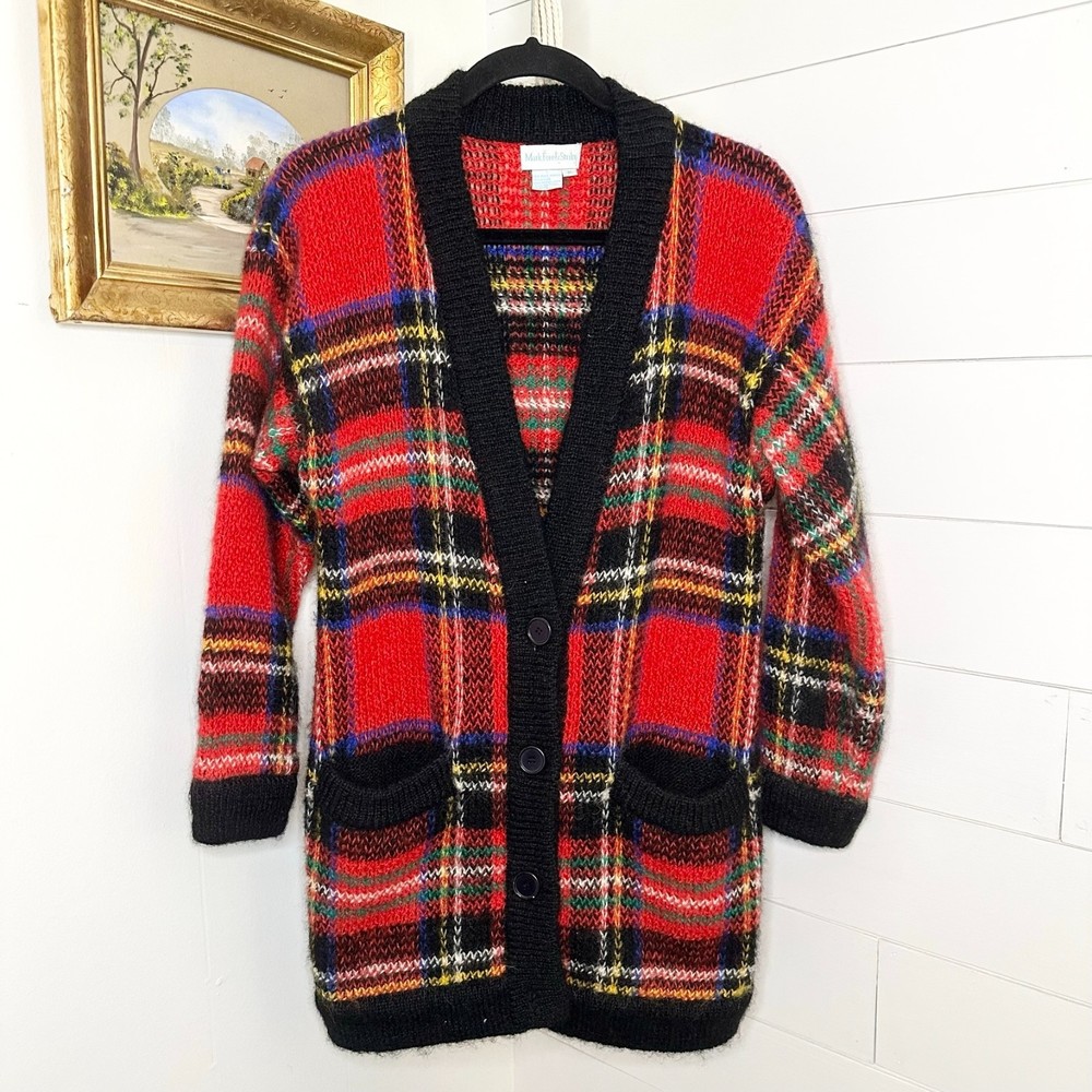 Mark Fore & Strike Vintage Tartan Plaid Wool Mohair Cardigan Sweater Size Small
